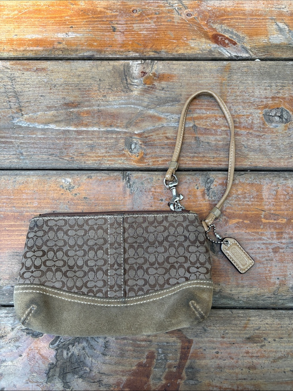 Coach Brown Signature Mini C Canvas Suede Zip Wristlet Leather Trim Hang Tag 6x4